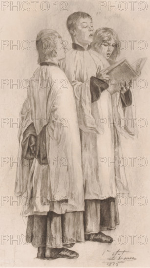 Study of three singing altar boys, print, Detail of the left side of the painting The Madness of