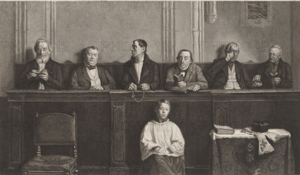 Churchgoers and an altar boy in the church, print, annotation: 'Dernier etat', printmaker: Auguste