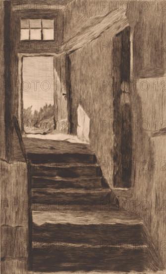 Interior with stairs to the outside door, print, annotation: '3eme etat, deux épreuves de c'est