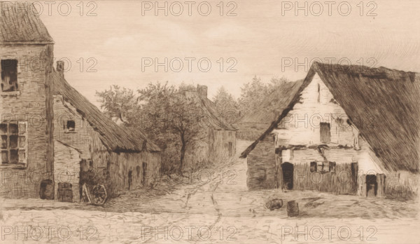 Village view with thatched buildings, print, annotation: '3eme état, deux epreuves', printmaker: