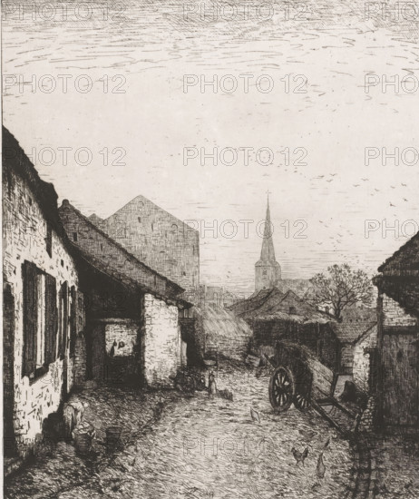 View of a yard in old Schaerbeek, print, inscription: 'Un Coin du vieux Schaerbeeke en 1871',