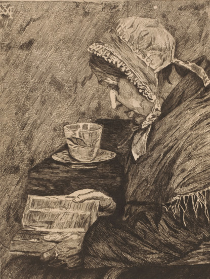 Old woman reading from a book and a teacup stands on the table, print, inscription: '1e Etat',