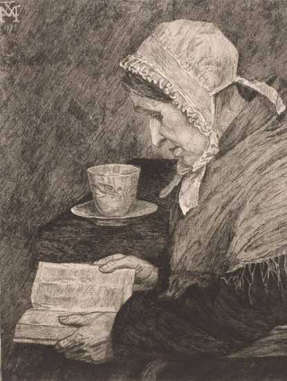 Old woman reading from a book and a teacup stands on the table, print, inscription: '3 ieme Etat',