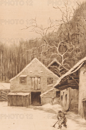 View of a farmhouse near Uccle, print, A figure sweeps the yard., inscription: '2 etat, à Uccle au