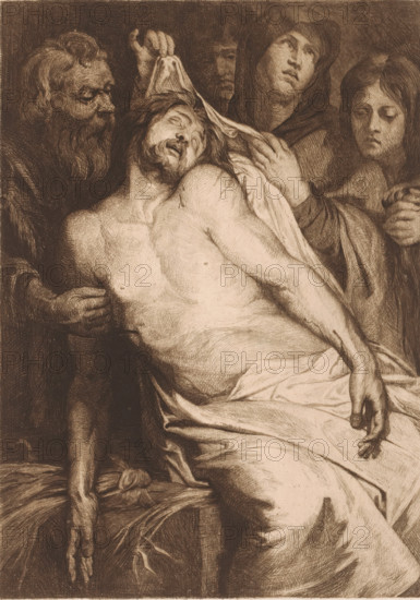 Lamentation of Christ, print, mark: 'Antwerpsche Etsers 1880.', printmaker: Josué Dupon (signed by