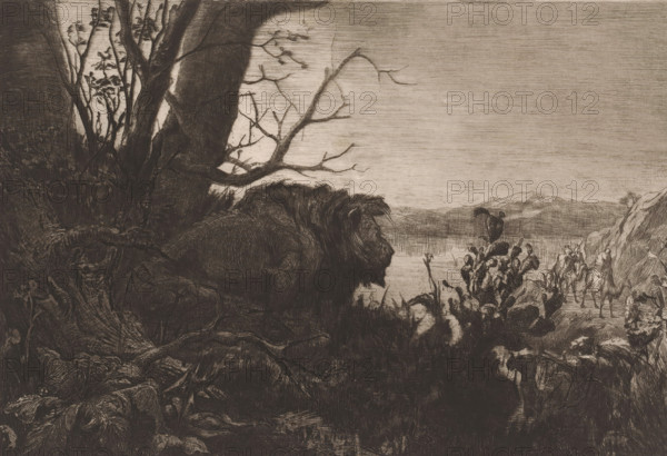 Lurking lion, print, Landscape with a lion leering at a passing caravan., mark: 'Antwerpsche Etsers