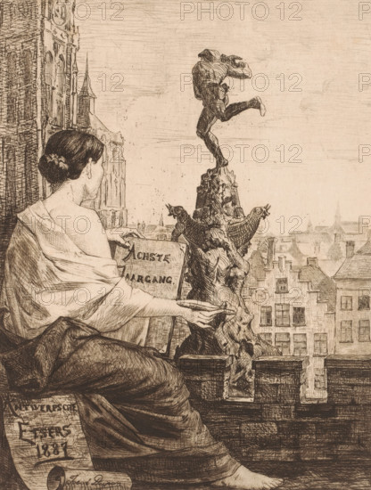 Allegorical figure with writing implements in her hand looking towards the statue in the Antwerp