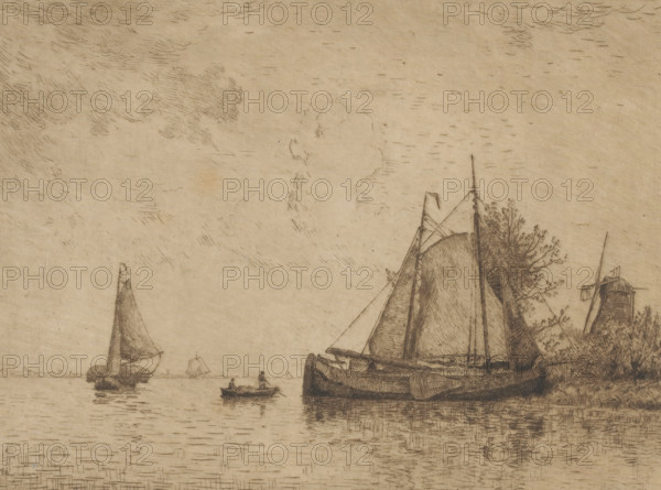 View of the Meuse, print, View of the Meuse with two sailboats and a rowboat in the foreground. A