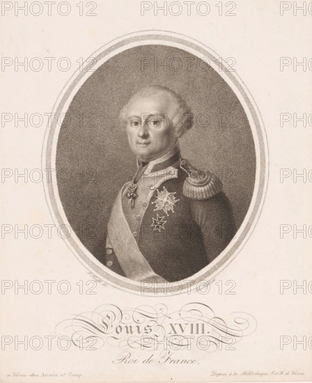 Portrait of Louis XVIII, King of France, print, printmaker: Blasius Hoefel, after drawing by Peter