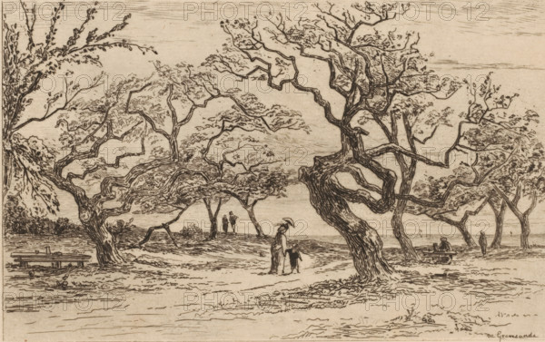 View of an orchard near Honfleur, Verger près de Houfleur (original title), print, In the middle, a