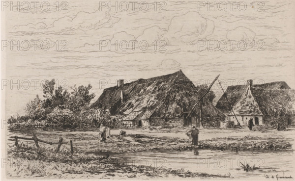 Farm near Kalmthout, Une ferme à Calmpthout (original title), print, In the foreground two women