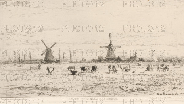 A polder near Amsterdam (original title on object), print, View of a meadow with cows. Two