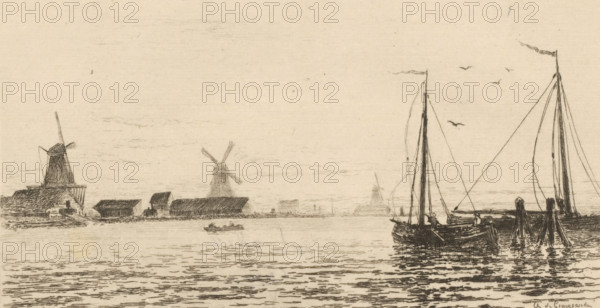 Souvenir de Zaandam (original title), View of Zaandam with boats and windmills, print, View of a