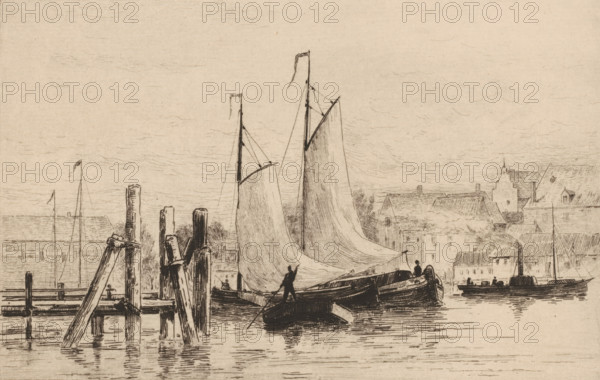 Dans le port de Dordrecht (original title), Haven in Dordrecht, print, Links een steiger, in het