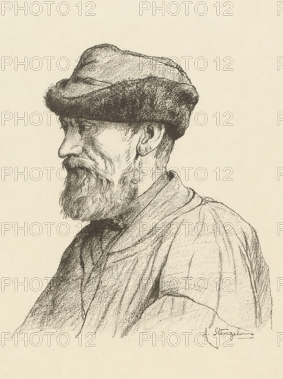 Pastor's profile (original title on object), Portrait of a man with a short beard and a cap, print,
