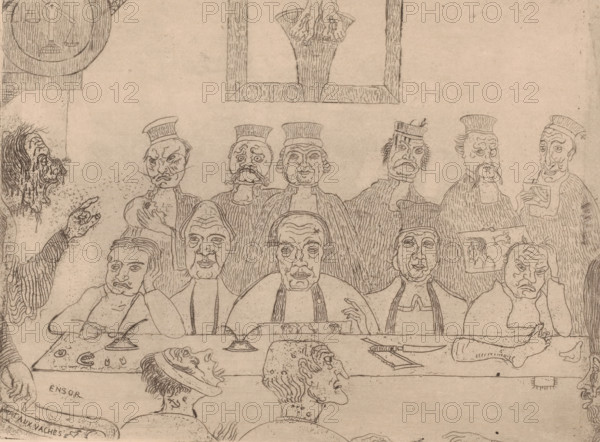 The good judges, Jury members at a long table with judges behind them, print, printmaker: James