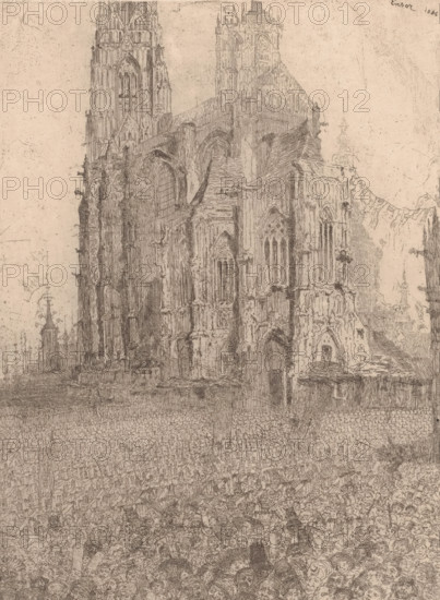 The Cathedral, Crowd in a square near a cathedral, print, The crowd consists of soldiers in costume