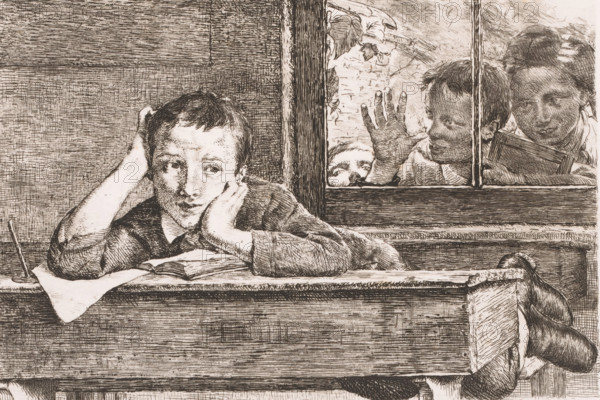 Three children look through a window at a boy leaning over a school desk, print, inscription: '4me