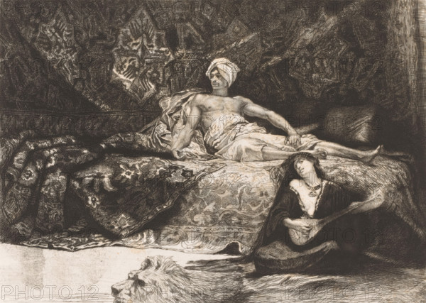 Interior of a harem, Hassan et Numouna, print, printmaker: Léopold Flameng, after painting by Henri