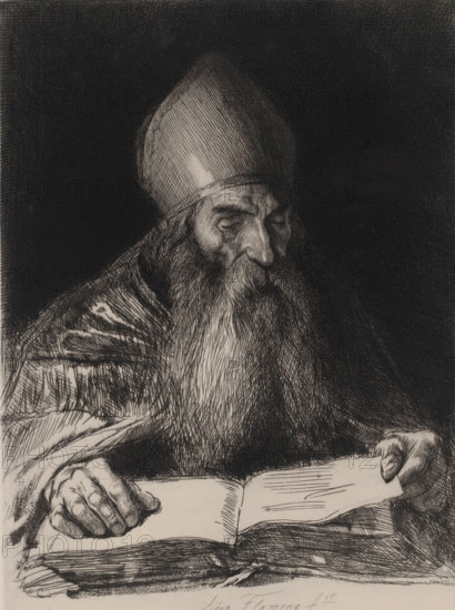 Bearded man with a miter reading a book, print, printmaker: Léopold Flameng, 1841 - 1910, paper,