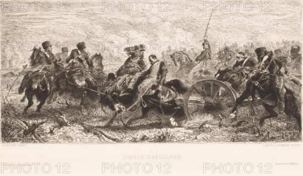 Charge d'artillerie, Loss of artillery, print, printmaker: Léopold Flameng, after painting by