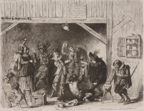Villon au cabaret de la Pomme de Pin, Drinks in a seventeenth-century pub, print, annotation: