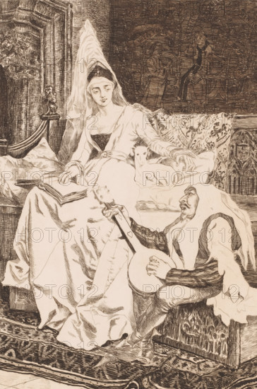 Damsel and minstrel, print, printmaker: attributed to Willem Geets, 1848 - 1910, Attributed to,