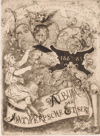 Child with torch and grate on a cartouche with floral tendrils, Album der Antwerpsche Etsers