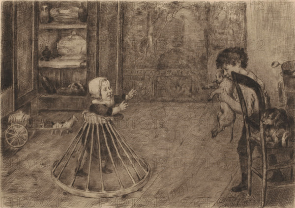 Child in walker walks towards a boy holding a dog, print, printmaker: attributed to Joseph Gérard,
