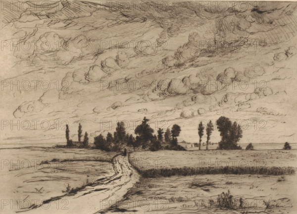 Landscape with stormy cloudy sky, print, The Lion of Waterloo is visible in the background.,