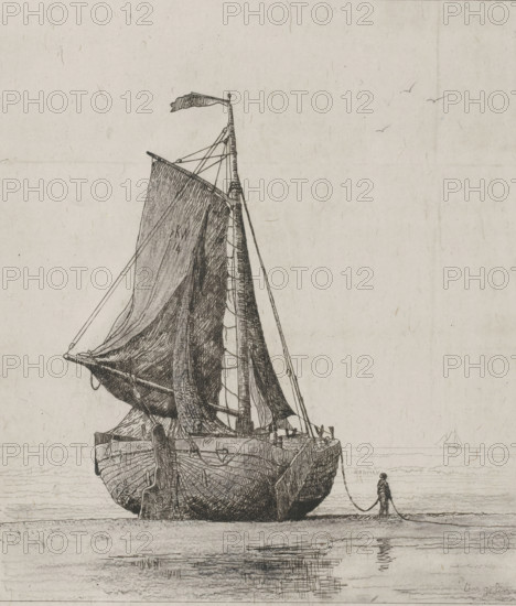 Fishing boat on the beach of Katwijk, print, Next to the boat a sailor carrying the anchor chain.,