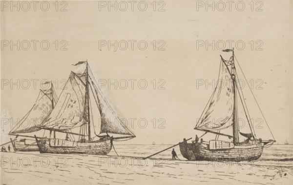 Three fishing boats on the beach of Katwijk, print, printmaker: Alphonse Stengelin, 1862 - 1910,