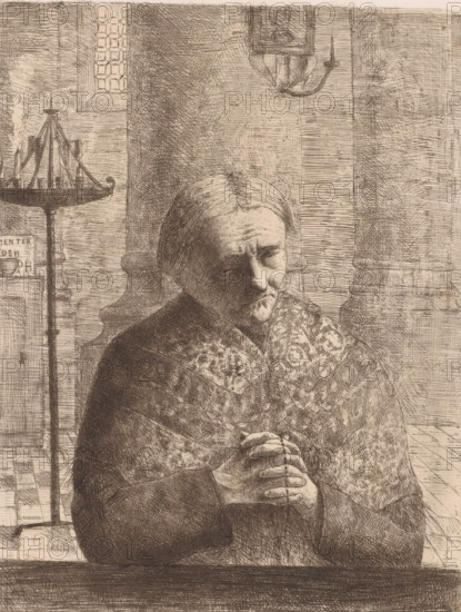 Praying woman with rosary in a church, print, annotation: '6th Edition', printmaker: Fr. van