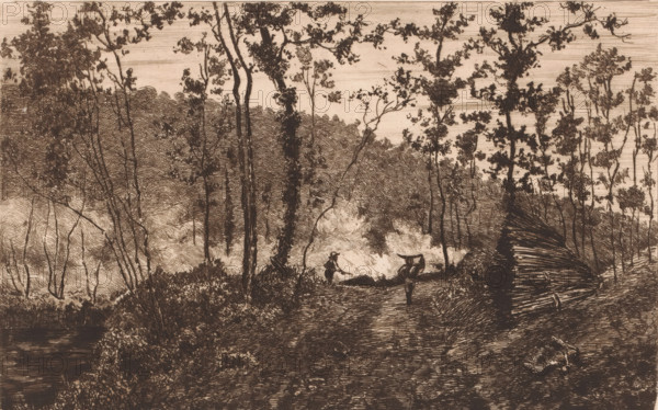 Forest with woodcutters and wood burners, print, workshop stamp: 'Antwerpsche Etsers 1880',