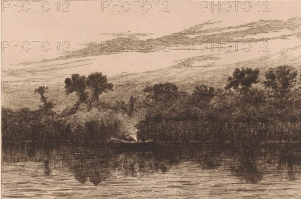 Rowing boat in a lake at twilight, print, annotation: 'Le soir (?) au bord de l'eau', workshop