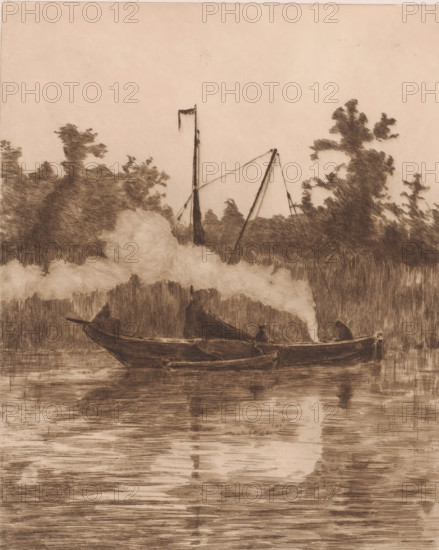 Two boats in a canal, print, annotation: 'I', printmaker: Jules Guiette, 1862 - 1901, paper,