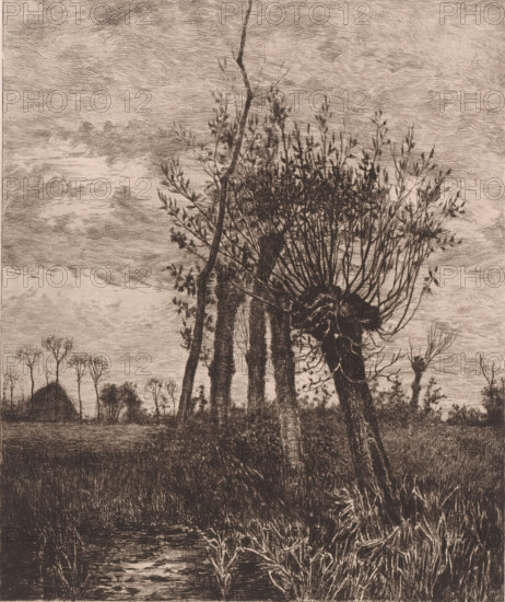 Winter landscape with willows, November, print, printmaker: Jules Guiette, 1862 - 1901, paper,