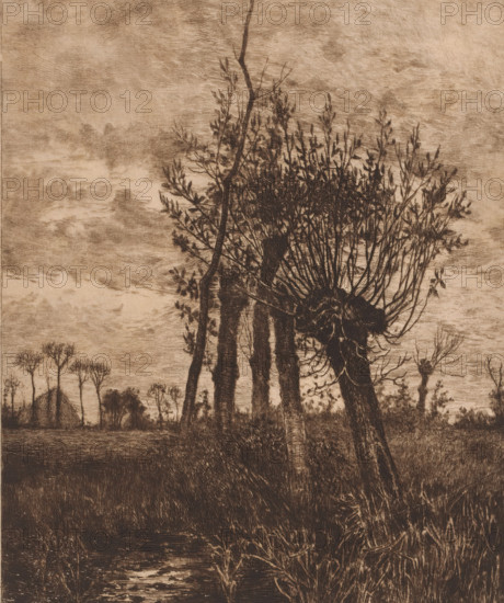 Decembre, Winter landscape with willows, print, workshop stamp: 'Antwerpsche Etsers 1880',