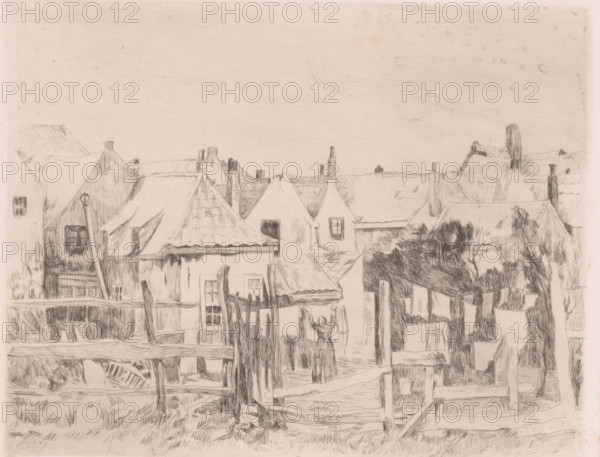 Near a village, a woman hangs laundry on a line, print, annotation: '1st state', printmaker: