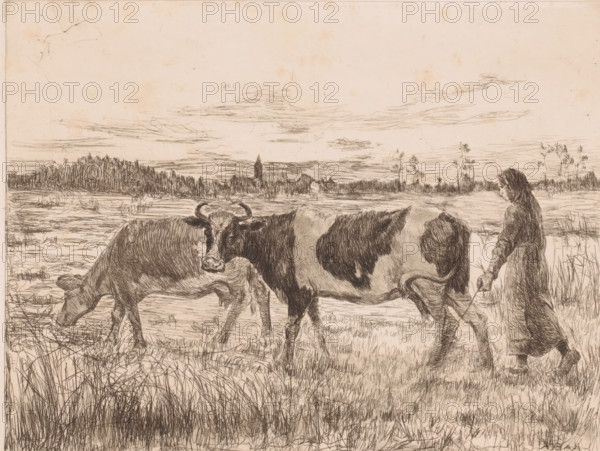 Two cows with a farmer's wife in a landscape, print, annotation: '2nd state', printmaker: Léopold