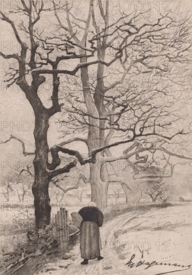 Winter landscape with old woman on a path to a village, print, printmaker: Maurice Hagemans, 1862 -