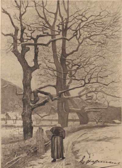 Winter landscape with old woman on a path to a village, print, annotation: '1er Prise Paysage',