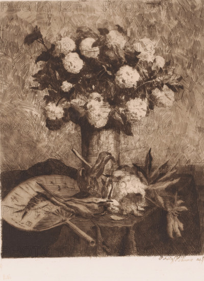Vase with flowers and a fan, print, printmaker: Fritz Hanno (signed by artist), 1886, paper,
