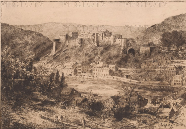View of the castle in Bouillon, print, printmaker: Armand Heins, 1866 - 1910, paper, etching,