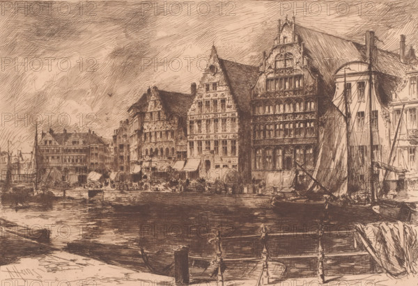 View of the quay in Ghent (former title), Graslei in Ghent, Un Quai à Gand, print, printmaker: