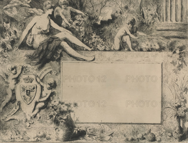 Diploma with female figure and putti with flowers, print, diploma, printmaker: Armand Heins, 1866 -