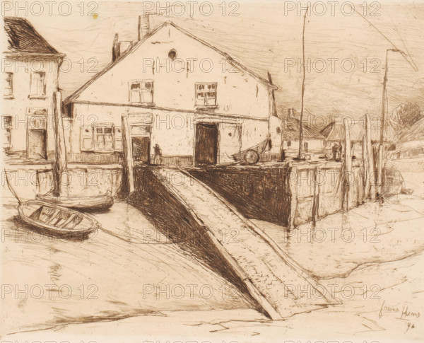 Village houses along the quay, print, printmaker: Frans Hens, 1894, paper, etching, intaglio