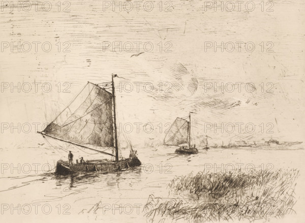 Two sailing ships on the water with the coastline in the background, print, printmaker: Frans Hens,