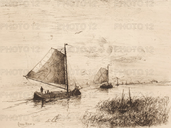 Two sailing ships on the water with the coastline in the background, print, printmaker: Frans Hens,