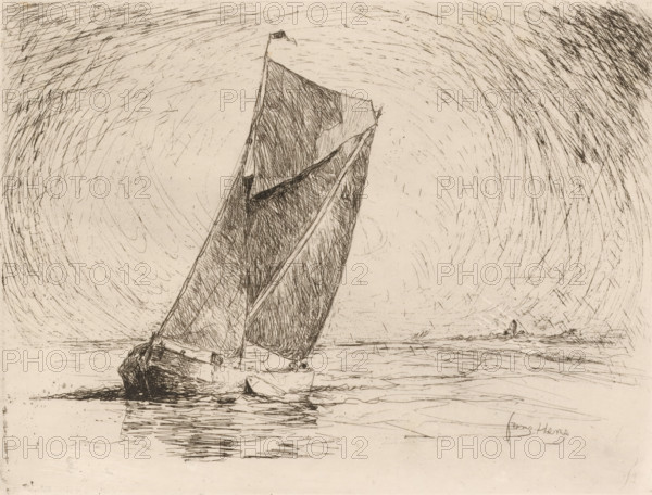 Sailing ship with coastline in the background, print, printmaker: Frans Hens, 1866 - 1910, paper,